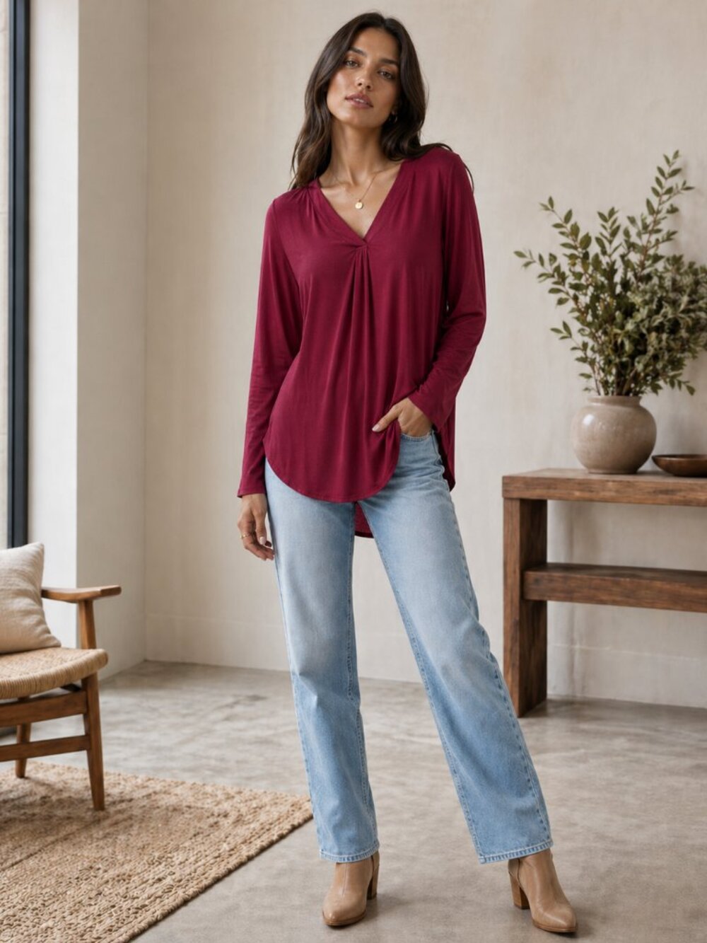 Reitmans Berry-Red Long Sleeve V-Neck Tunic